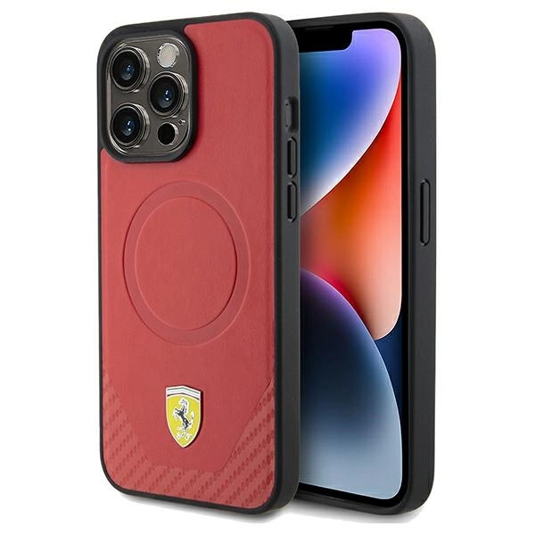 Ferrari Carbon Metal Logo MagSafe iPhone 15 Pro Max Case - Redeng