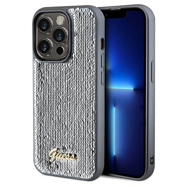 Guess Sequin Script Metal case for iPhone 14 Pro - silvereng
