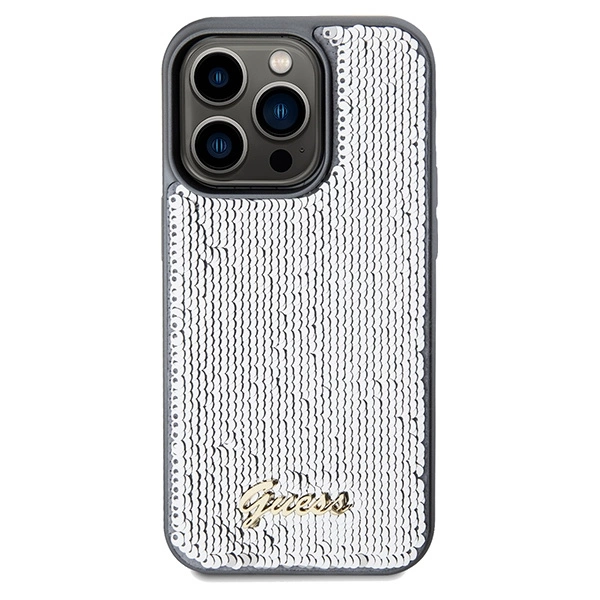 Guess Sequin Script Metal case for iPhone 14 Pro - silvereng