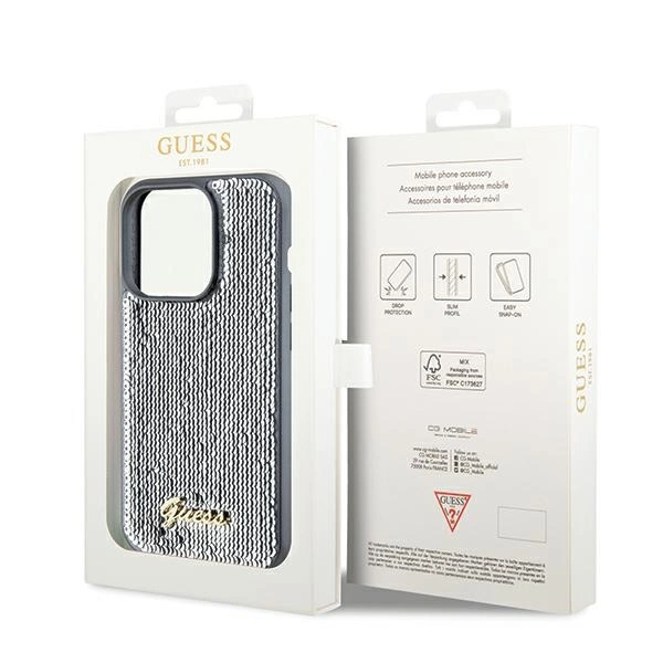 Guess Sequin Script Metal case for iPhone 14 Pro - silvereng