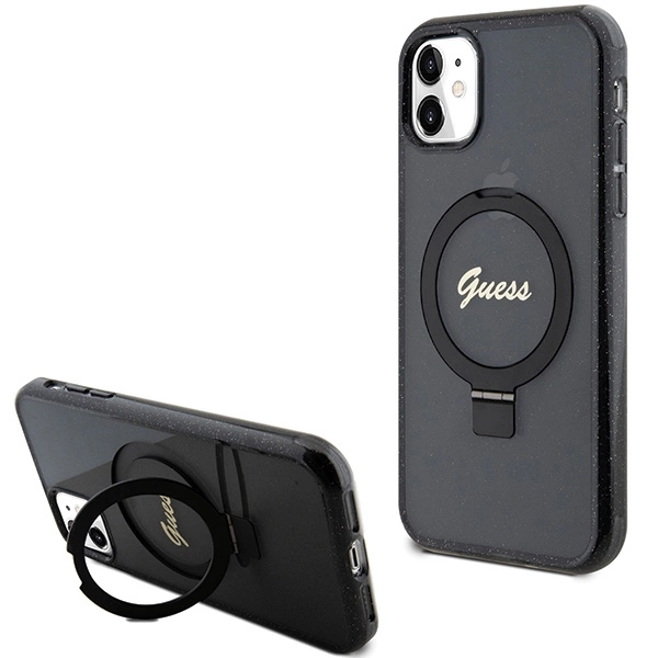 Guess Ring Stand Script Glitter MagSafe case for iPhone 11 / Xr - blackeng