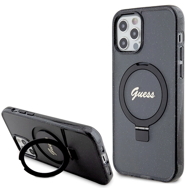 Guess Ring Stand Script Glitter MagSafe case for iPhone 12/12 Pro - blackeng