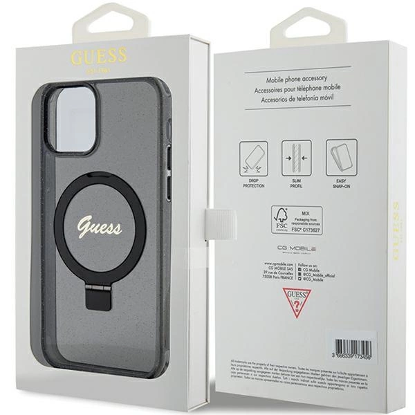 Guess Ring Stand Script Glitter MagSafe case for iPhone 12/12 Pro - blackeng