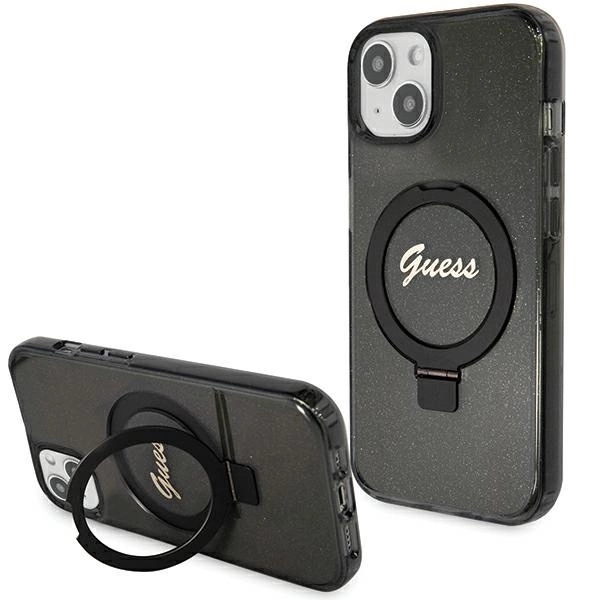 Guess Ring Stand Script Glitter MagSafe case for iPhone 14 / 15 / 13 - blackeng