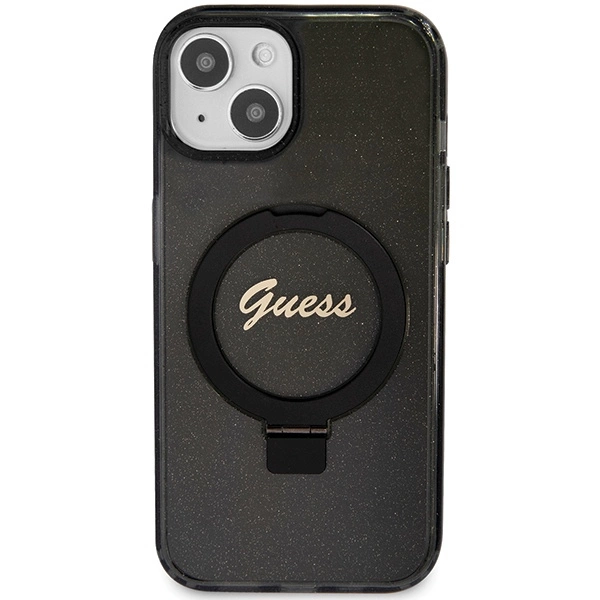 Guess Ring Stand Script Glitter MagSafe case for iPhone 14 / 15 / 13 - blackeng