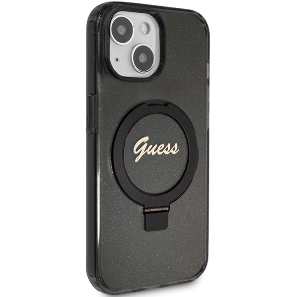 Guess Ring Stand Script Glitter MagSafe case for iPhone 14 / 15 / 13 - blackeng