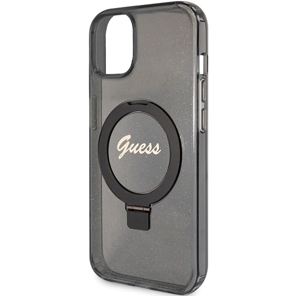 Guess Ring Stand Script Glitter MagSafe case for iPhone 14 / 15 / 13 - blackeng