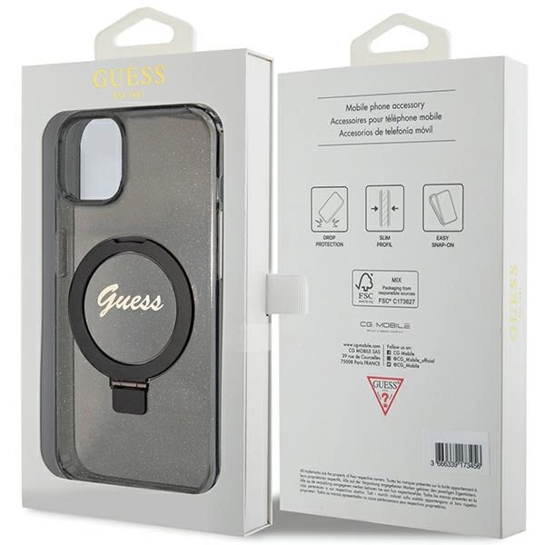 Guess Ring Stand Script Glitter MagSafe case for iPhone 14 / 15 / 13 - blackeng