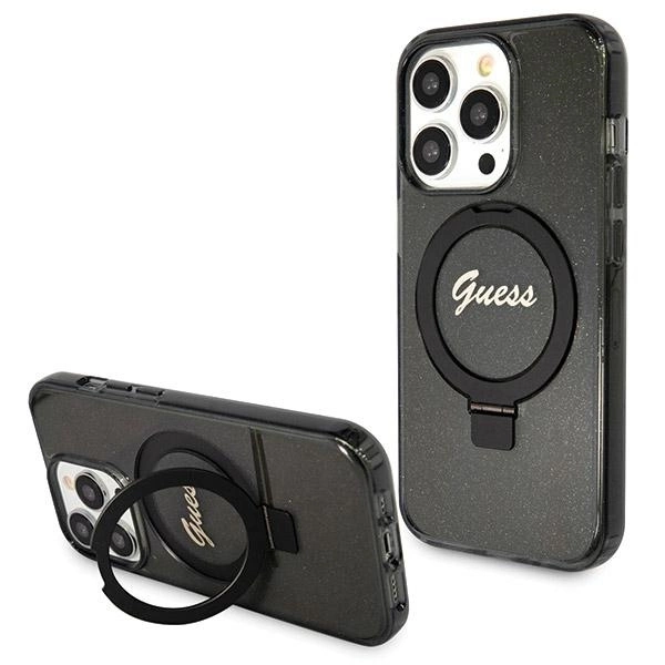 Guess Ring Stand Script Glitter MagSafe case for iPhone 14 Pro Max - blackeng