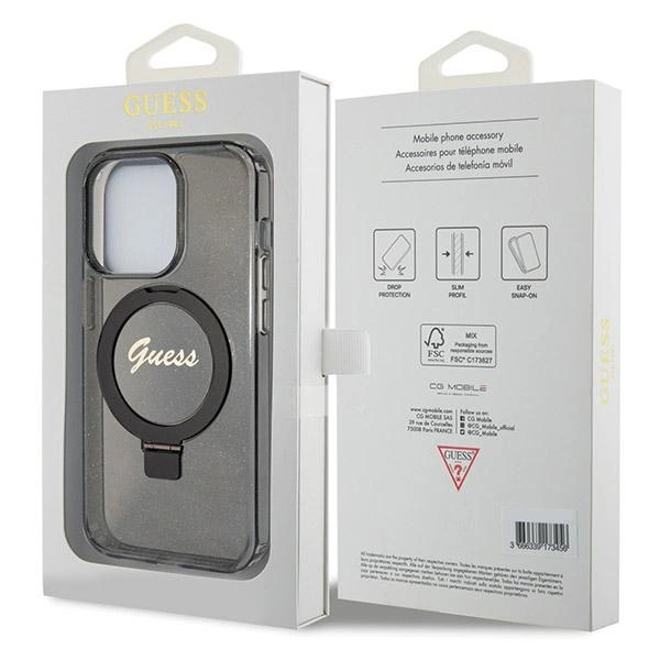 Guess Ring Stand Script Glitter MagSafe case for iPhone 14 Pro Max - blackeng