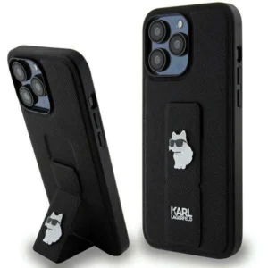 Karl Lagerfeld Gripstand Saffiano Choupette Pins Case for iPhone 13 Pro / 13 - Blackeng