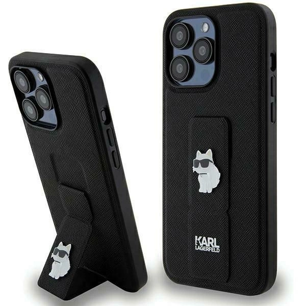 Karl Lagerfeld Gripstand Saffiano Choupette Pins Case for iPhone 13 Pro / 13 - Blackeng