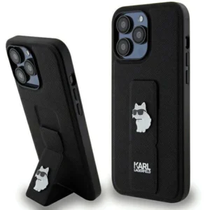 Karl Lagerfeld Gripstand Saffiano Choupette Pins case for iPhone 13 Pro Max - blackeng