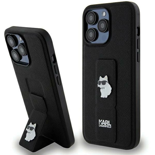 Karl Lagerfeld Gripstand Saffiano Choupette Pins case for iPhone 13 Pro Max - blackeng