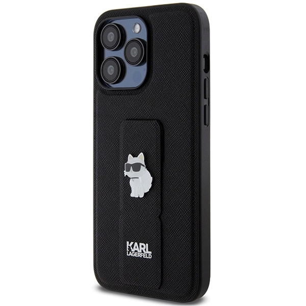 Karl Lagerfeld Gripstand Saffiano Choupette Pins case for iPhone 13 Pro Max - blackeng