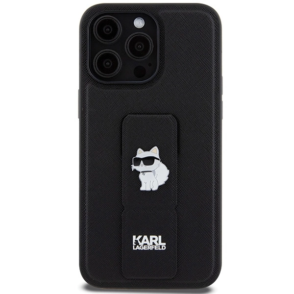 Karl Lagerfeld Gripstand Saffiano Choupette Pins case for iPhone 13 Pro Max - blackeng