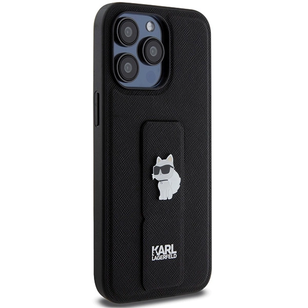 Karl Lagerfeld Gripstand Saffiano Choupette Pins case for iPhone 13 Pro Max - blackeng