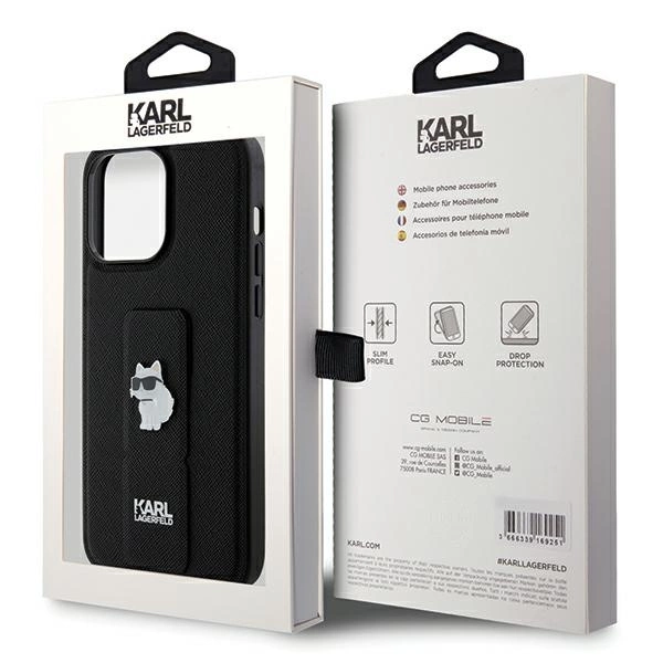 Karl Lagerfeld Gripstand Saffiano Choupette Pins case for iPhone 13 Pro Max - blackeng