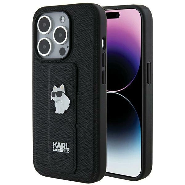 Karl Lagerfeld Gripstand Saffiano Choupette Pins case for iPhone 14 Pro - blackeng