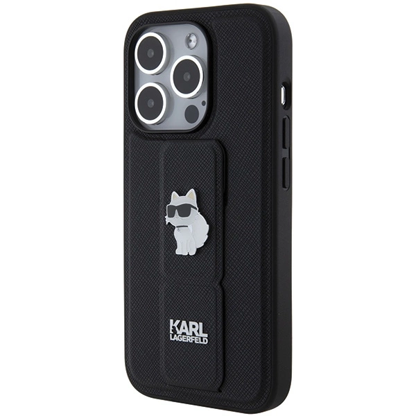 Karl Lagerfeld Gripstand Saffiano Choupette Pins case for iPhone 14 Pro - blackeng