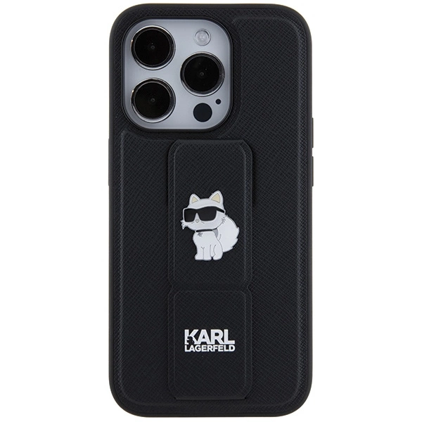 Karl Lagerfeld Gripstand Saffiano Choupette Pins case for iPhone 14 Pro - blackeng