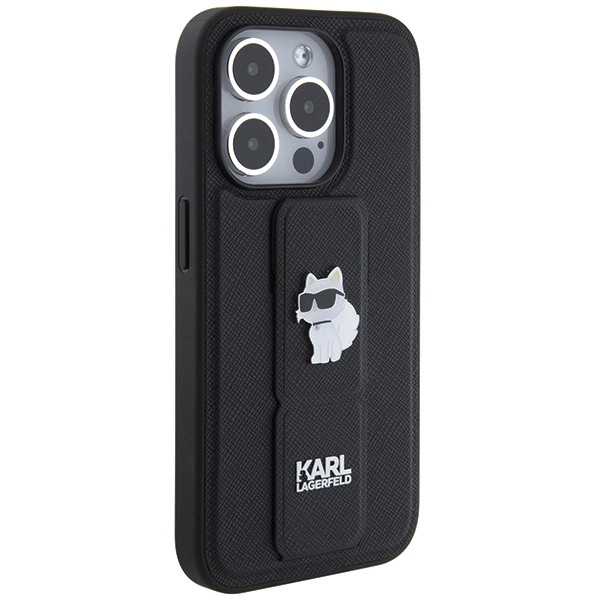 Karl Lagerfeld Gripstand Saffiano Choupette Pins case for iPhone 14 Pro - blackeng