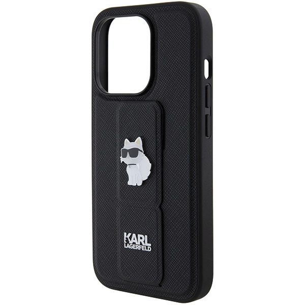 Karl Lagerfeld Gripstand Saffiano Choupette Pins case for iPhone 14 Pro - blackeng