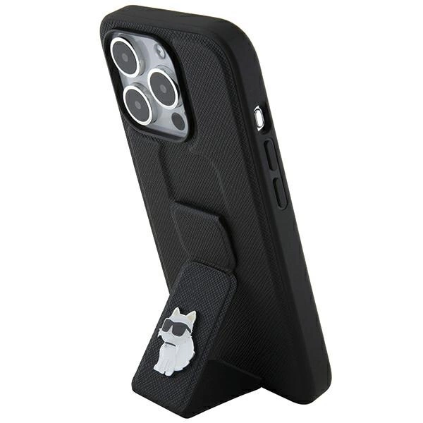 Karl Lagerfeld Gripstand Saffiano Choupette Pins case for iPhone 14 Pro - blackeng