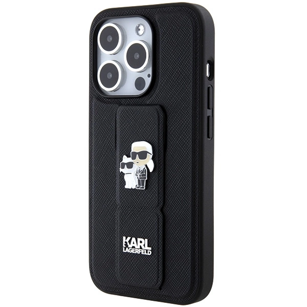 Karl Lagerfeld Gripstand Saffiano Karl&Choupette Pins case for iPhone 14 Pro - blackeng