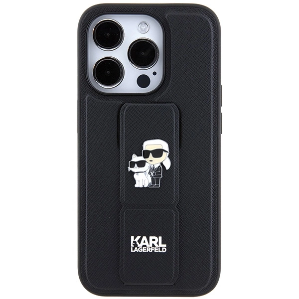 Karl Lagerfeld Gripstand Saffiano Karl&Choupette Pins case for iPhone 14 Pro - blackeng