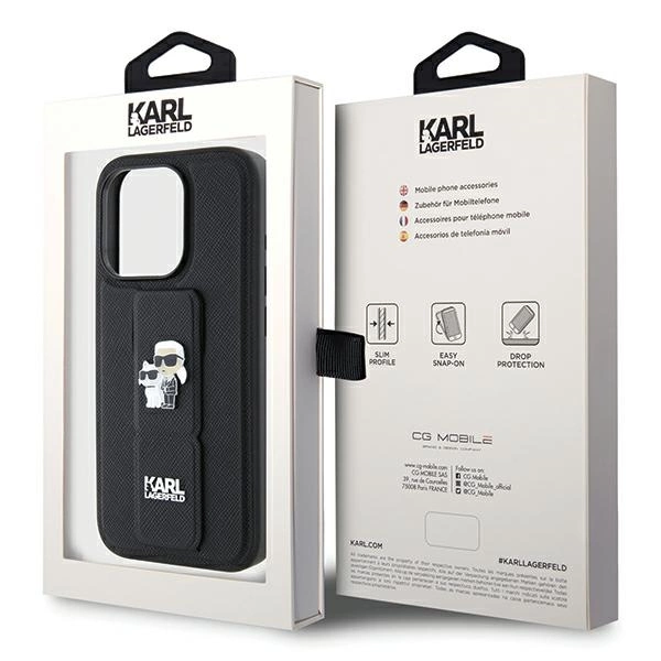 Karl Lagerfeld Gripstand Saffiano Karl&Choupette Pins case for iPhone 14 Pro - blackeng
