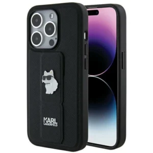 Karl Lagerfeld Gripstand Saffiano Choupette Pins case for iPhone 14 Pro Max - blackeng