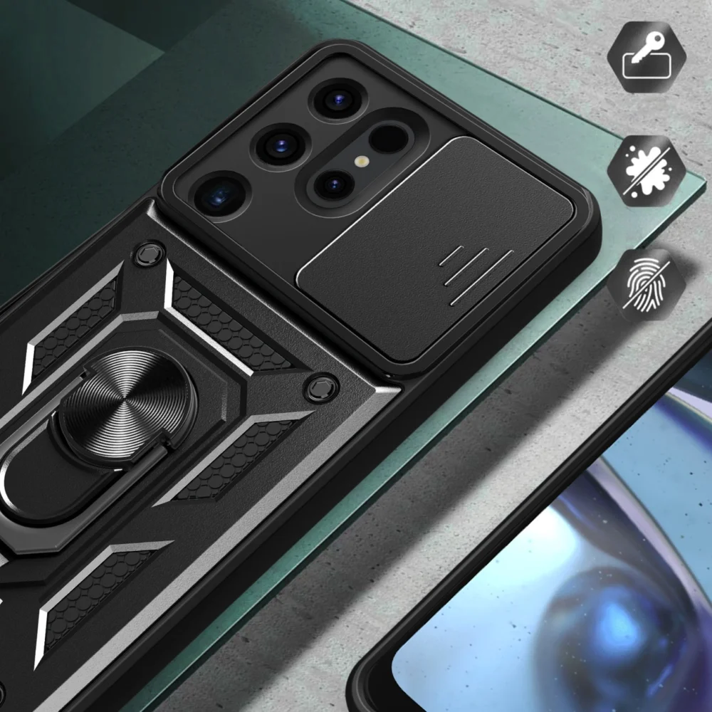 Hybrid Armor Camshield case for Samsung Galaxy S24 Ultra armored with camera cover - blackeng