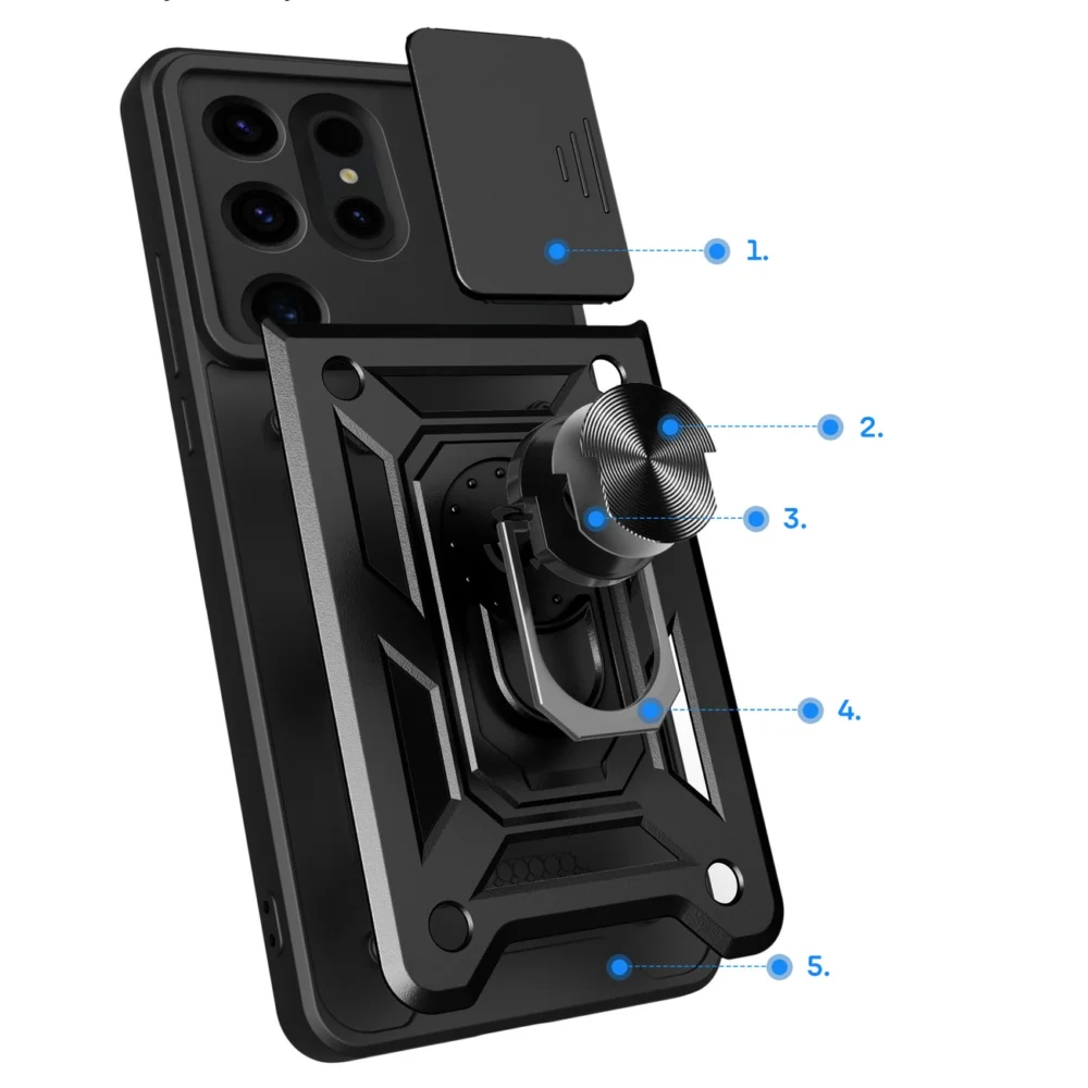 Hybrid Armor Camshield case for Samsung Galaxy S24 Ultra armored with camera cover - blackeng