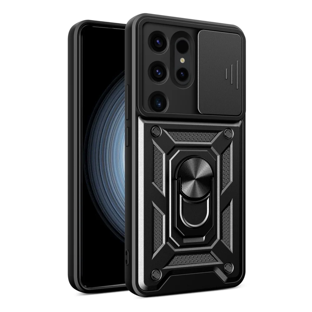 Hybrid Armor Camshield case for Samsung Galaxy S24 Ultra armored with camera cover - blackeng