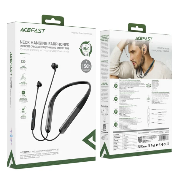 Acefast N1 In-Ear Wireless Headphones + USB-A USB-C Cable - Blackeng
