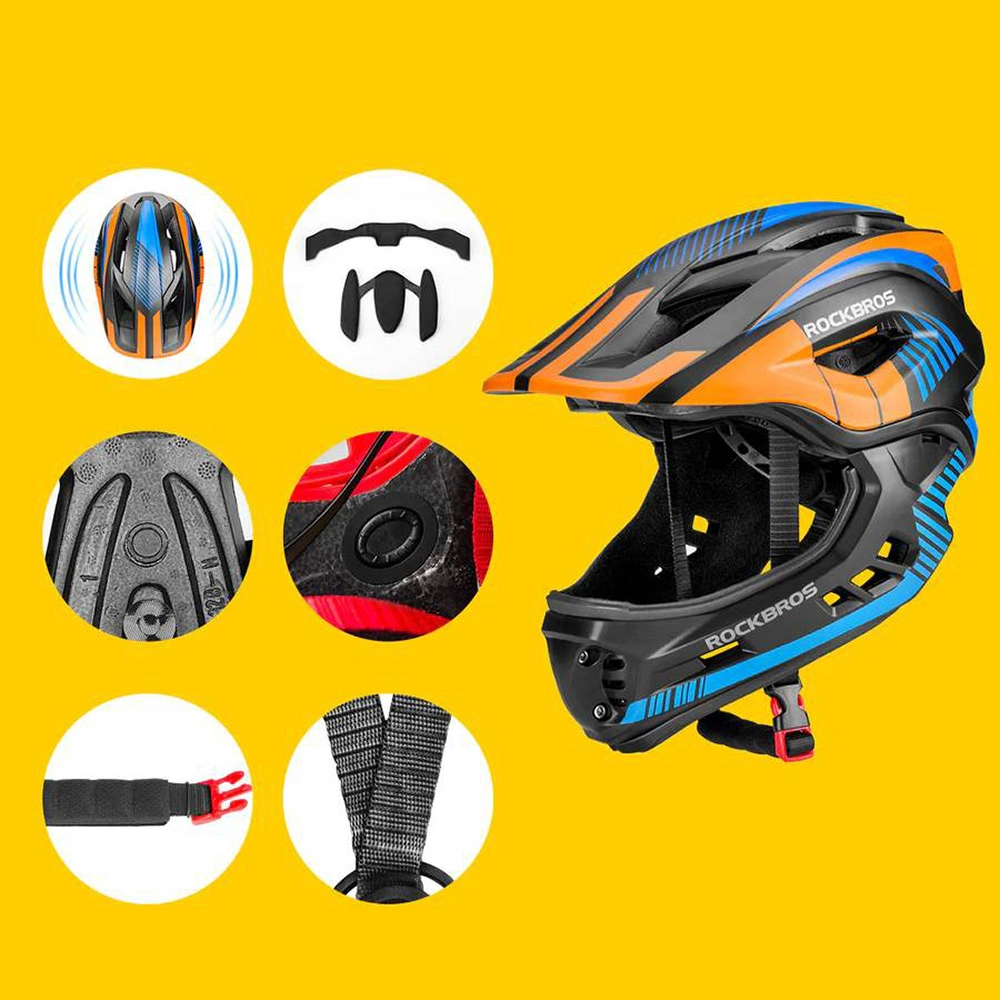 Rockbros TT-32SOBL-S children's bicycle helmet with removable chinbar, size S - black and orangeeng