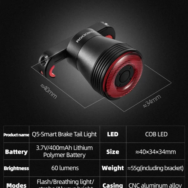 Rockbros Q5 Rear Bike Light with Intelligent Stop System - Blackeng