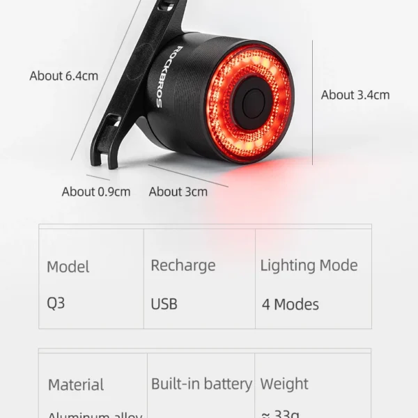Rockbros Q3 Rear Bike Light with Smart Stop System - Blackeng