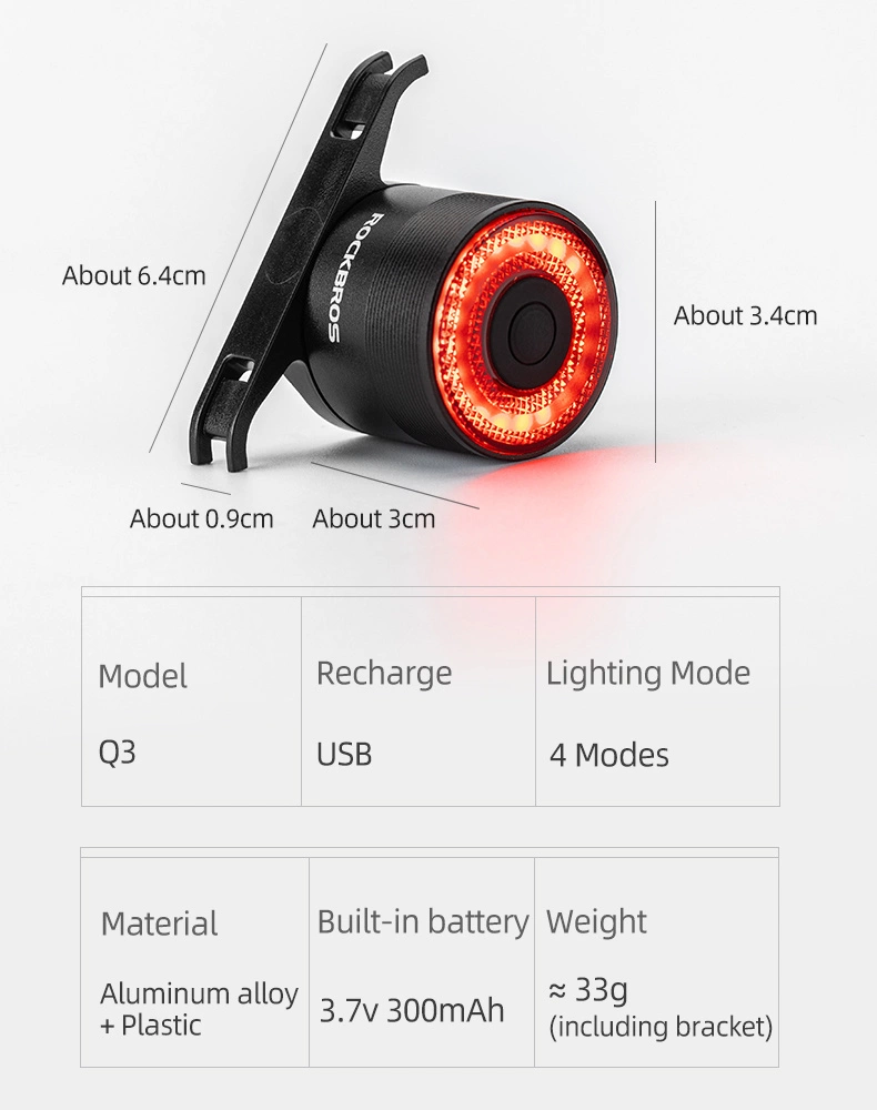 Rockbros Q3 Rear Bike Light with Smart Stop System - Blackeng