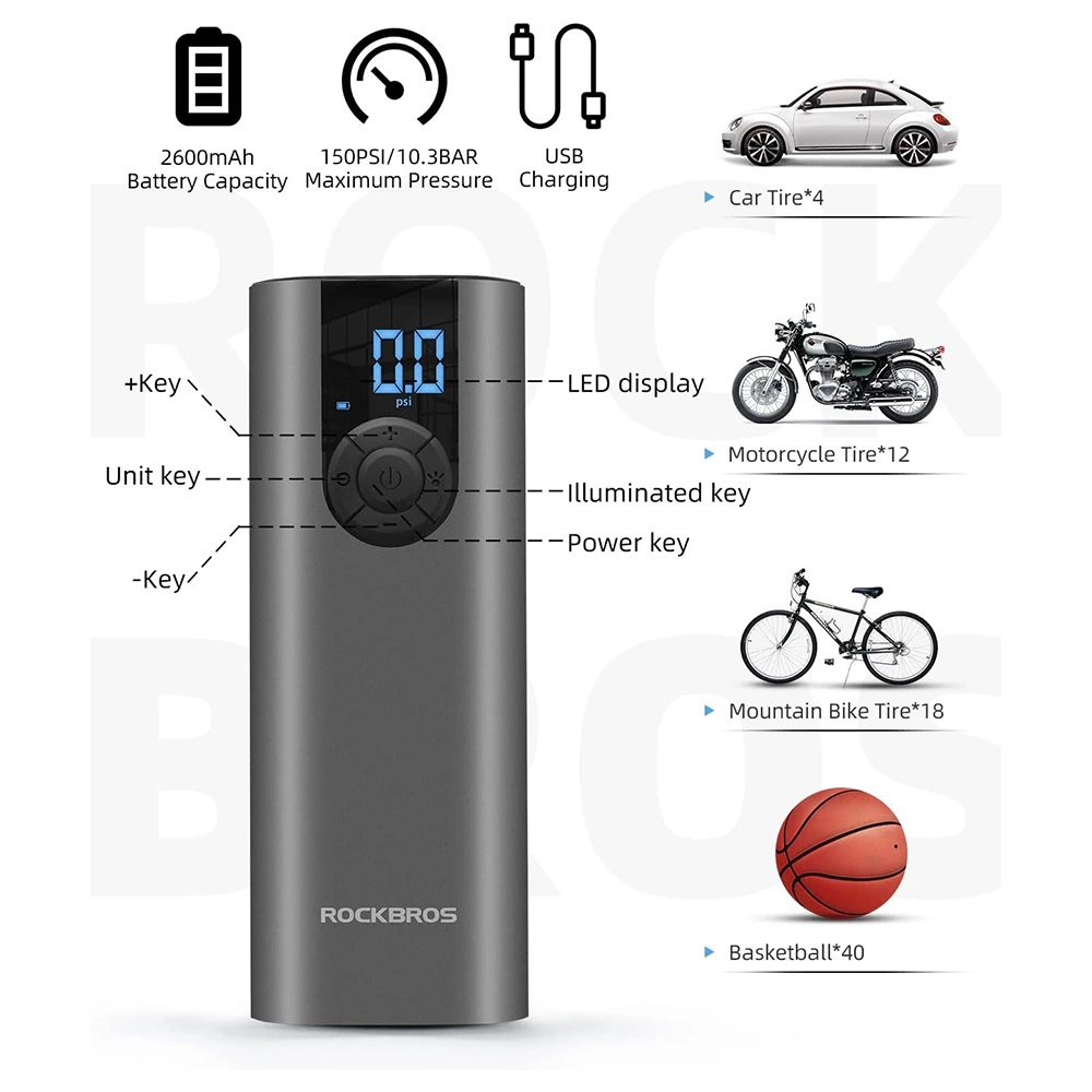 Rockbros 42720001001 Electric Bike Pump with LED Display + USB-C - USB-A Cable - Blackeng