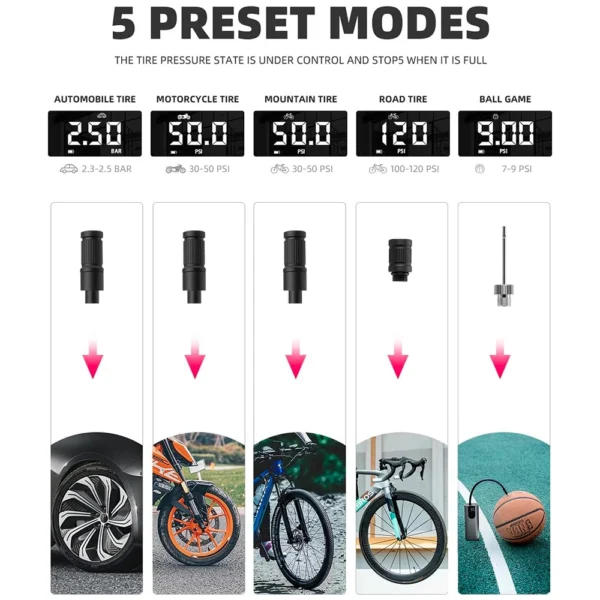 Rockbros 42720001001 Electric Bike Pump with LED Display + USB-C - USB-A Cable - Blackeng