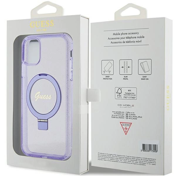 Guess Ring Stand Script Glitter MagSafe case for iPhone 11 / Xr - purpleeng