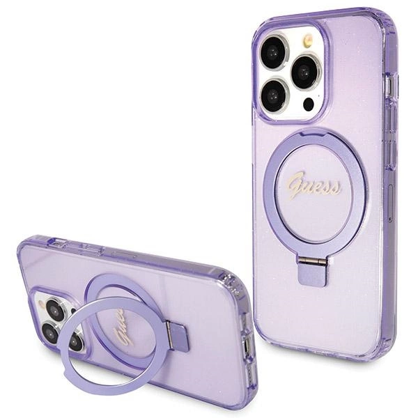 Guess Ring Stand Script Glitter MagSafe case for iPhone 13 Pro / 13 - purpleeng