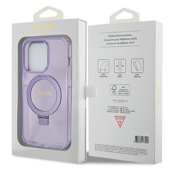Guess Ring Stand Script Glitter MagSafe case for iPhone 13 Pro / 13 - purpleeng