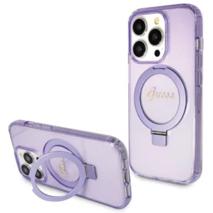 Guess Ring Stand Script Glitter MagSafe case for iPhone 14 Pro - purpleeng