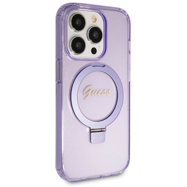 Guess Ring Stand Script Glitter MagSafe case for iPhone 14 Pro - purpleeng