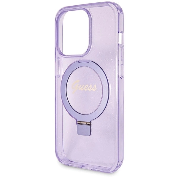 Guess Ring Stand Script Glitter MagSafe case for iPhone 14 Pro - purpleeng