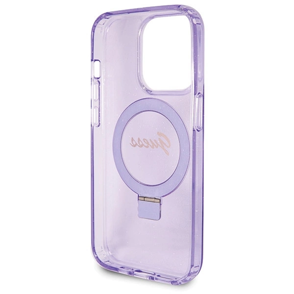 Guess Ring Stand Script Glitter MagSafe case for iPhone 14 Pro - purpleeng