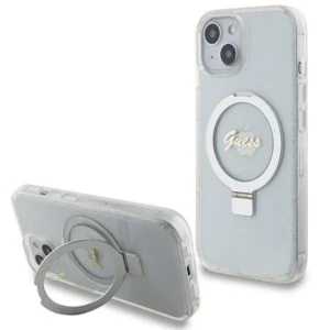 Guess Ring Stand Script Glitter MagSafe case for iPhone 15 / 14 / 13 - transparenteng